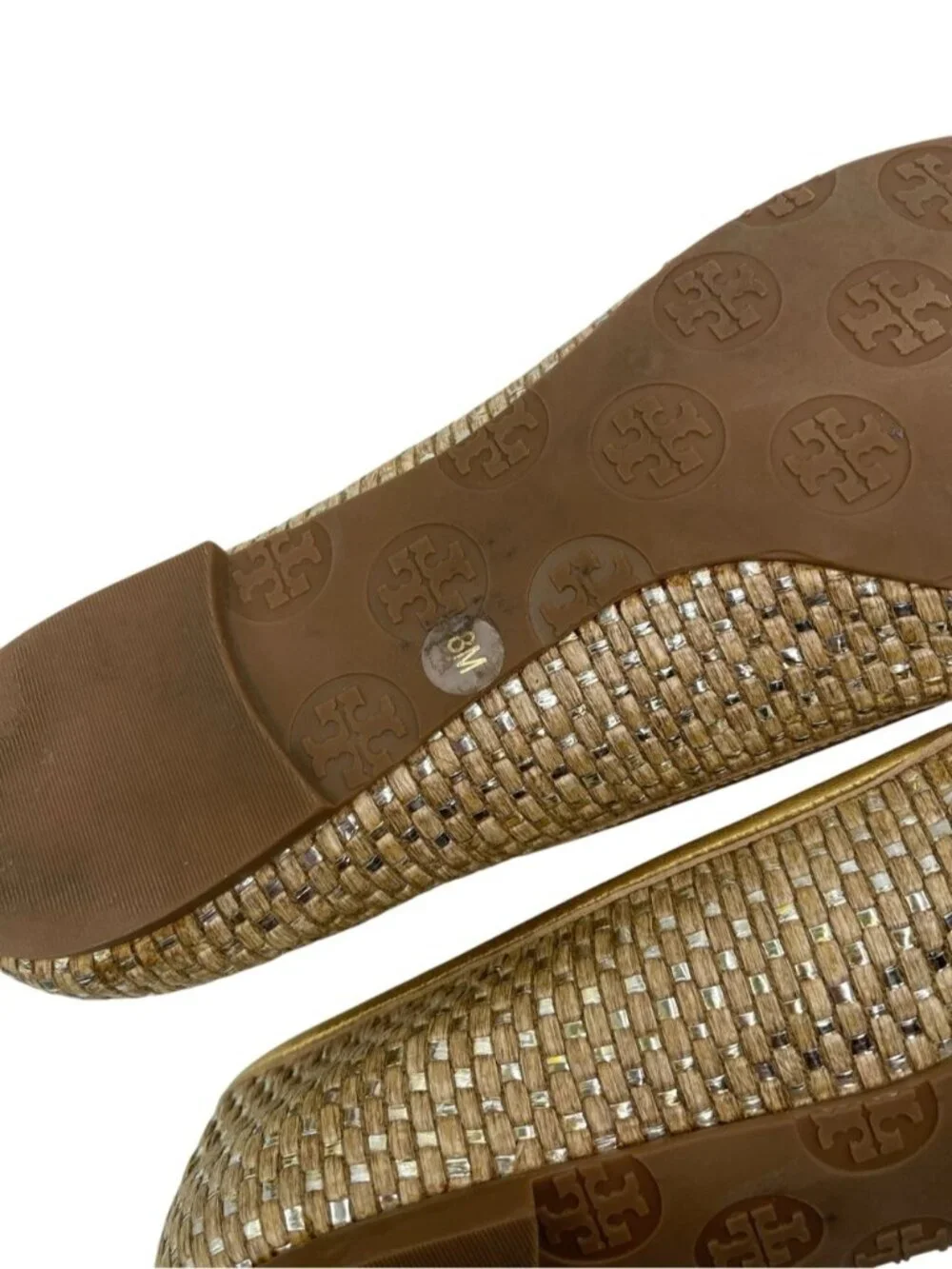 Tory Burch Reva Straw & Gold Leather Ballet Flats Medallion Women's Size 8 US